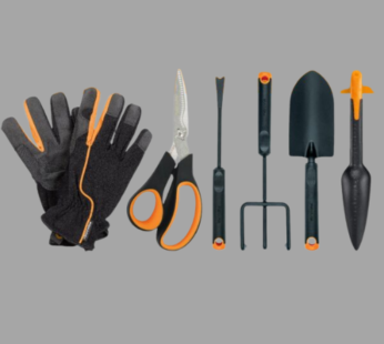 Fiskars Vegetable Garden Tool Set with Vegetable Shears, Seed Sower, Trowel, Cultivator, Weeder, and L/XL Garden Gloves for Indoor or Outdoor Gardening (6 Piece Kit)