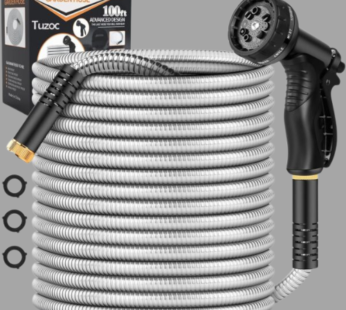 Garden Hose Metal 100FT, Stainless Steel Heavy Duty Water Hose With 10 Function Nozzle, No-Kink, Tough & Flexible, Sturdy and Lightweight, Rust Proof for Yard, Outdoor, RV