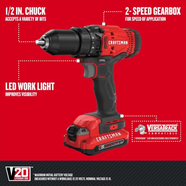 CRAFTSMAN V20 MAX Cordless Drill and Impact Driver, Power Tool Combo Kit with 2 Batteries and Charger (CMCK200C2AM) - Image 3