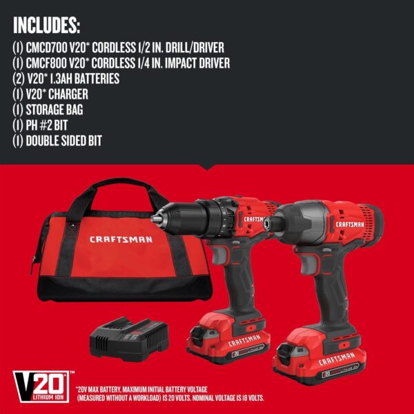 CRAFTSMAN V20 MAX Cordless Drill and Impact Driver, Power Tool Combo Kit with 2 Batteries and Charger (CMCK200C2AM) - Image 4