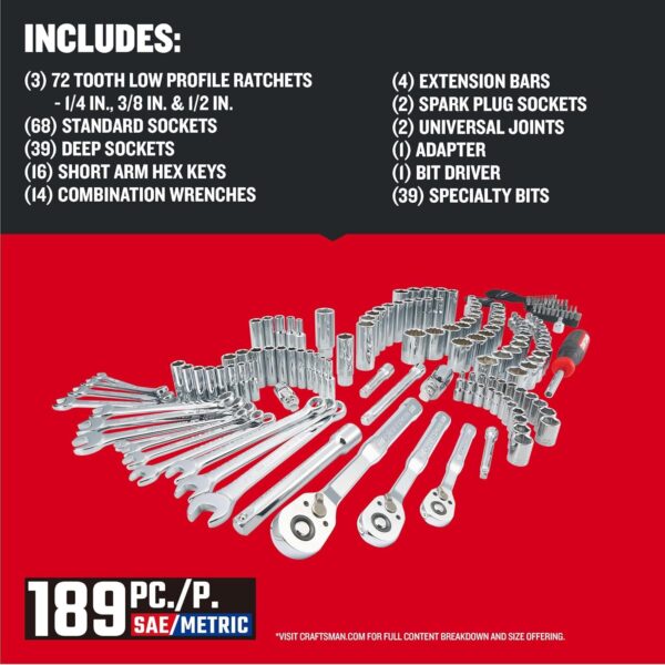 CRAFTSMAN Mechanics Tool Set, 1/4 and 3/8 Inch Drive, 189 Piece (CMMT12134) - Image 3