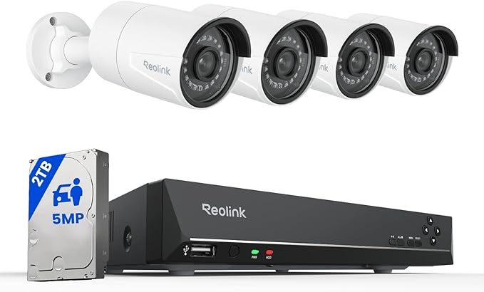 Reolink 8CH 5MP PoE Security Camera System with 4 Cameras, 4K NVR & 2TB HDD – Smart Detection, 24/7 Recording
