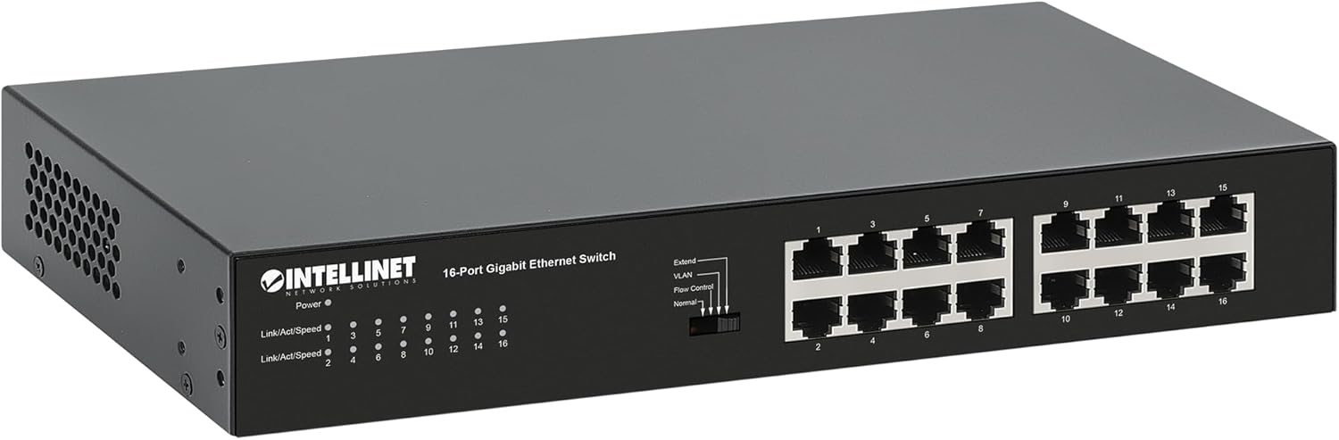 Intellinet 16-Port Gigabit Ethernet Switch, Unmanaged 10/100/1000 Mbps, Metal Fanless Design, VLAN & Extend Mode (561815)