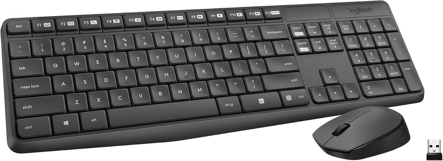Logitech MK235 Wireless Keyboard and Mouse Combo – 2.4 GHz USB Receiver, 15 Function Keys, Long Battery Life for PC & Laptop (Windows Compatible)