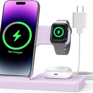 Wireless Charger Stand Charging Station: 3 in 1 Charger Multiple Devices for Apple iPhone 17 16e 16 15 14 Pro Max 13 12 11 for Watch 11 10 9 8 7 6 5 4 3 2 SE and Ultra & Airpods Series, Light Violet