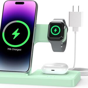 Wireless Charger Stand Charging Station: 3 in 1 Charger Multiple Devices for Apple iPhone 17 16e 16 15 14 Pro Max 13 12 11 for Watch 11 10 9 8 7 6 5 4 3 2 SE and Ultra & Airpods Series, Light Green
