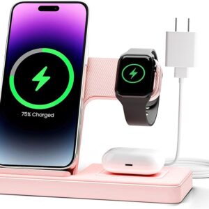 Wireless Charger Stand Charging Station: 3 in 1 Charger Stand Multiple Devices for Apple - iPhone 17 16e 16 15 14 Pro Max 13 12 - Watch 11 10 9 8 7 6 5 4 3 2 SE and Ultra Series-Airpods 4 3 Pro, Pink