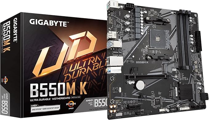 GIGABYTE B550M K Micro-ATX Motherboard, AMD AM4, Ryzen 5000/4000/3000 Support, DDR4, PCIe 4.0, 2× M.2, USB 3.2 Gen1, GbE LAN