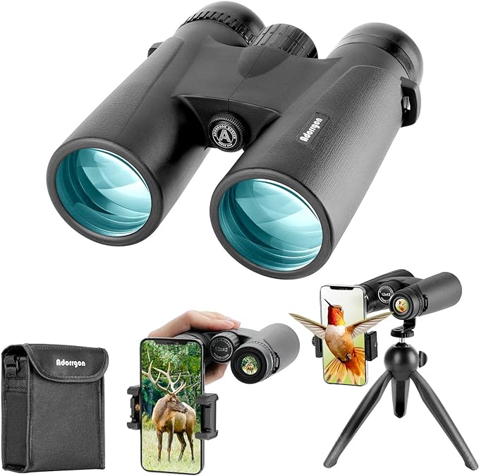 Adorrgon 12x42 HD Binoculars for Adults with Phone Adapter & Tripod – High Powered Large View Binoculars with Clear Low Light Vision for Bird Watching, Travel & Cruises