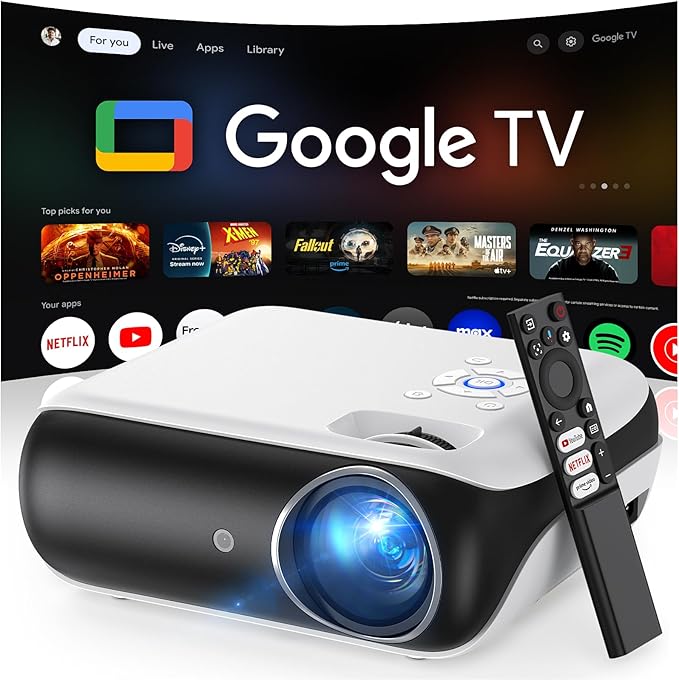 Official Licensed Google TV Smart Projector – HAPPRUN 4K UHD Home Theater Projector with Dolby Sound, WiFi & Bluetooth, Built-in Streaming Apps, Compatible with Smartphones & Game Consoles (Indoor & Outdoor)