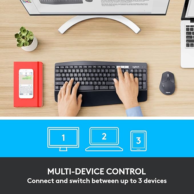 Logitech MK850 Performance Wireless Keyboard and Mouse Combo – Bluetooth & 2.4 GHz USB Receiver, Full-Size Ergonomic Keyboard with Cushioned Palm Rest, Multi-Device Support for Windows, macOS & ChromeOS (Graphite) - Image 2