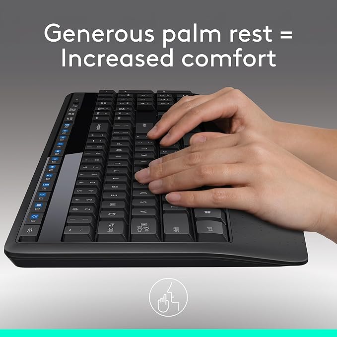 Logitech MK345 Wireless Keyboard and Mouse Combo with Palm Rest – 2.4 GHz USB Receiver, Comfortable Full-Size Keyboard & Ergonomic Mouse for PC & Laptop (Black) - Image 2