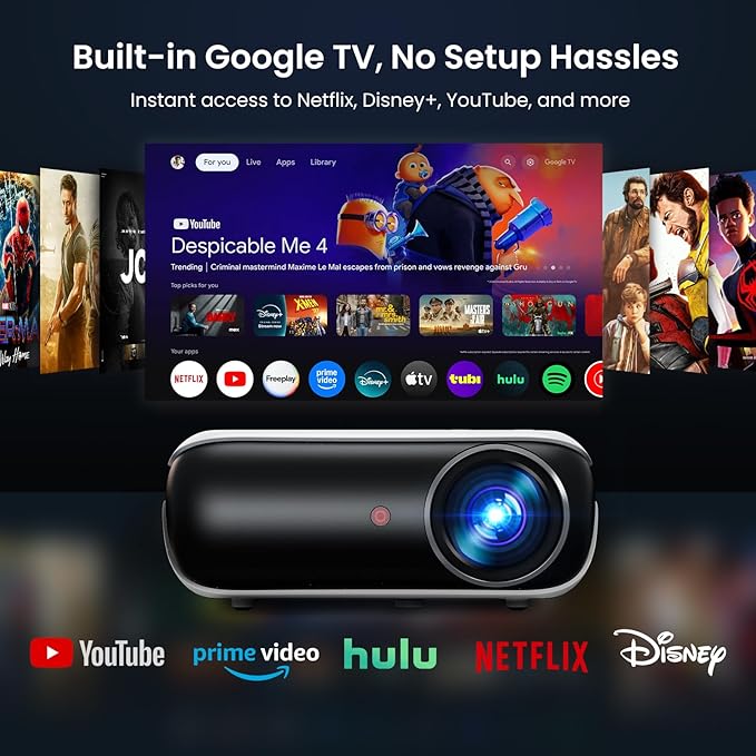 Official Licensed Google TV Smart Projector – HAPPRUN 4K UHD Home Theater Projector with Dolby Sound, WiFi & Bluetooth, Built-in Streaming Apps, Compatible with Smartphones & Game Consoles (Indoor & Outdoor) - Image 2