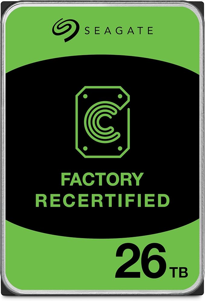 Seagate Exos 26TB Recertified Enterprise Internal Hard Drive – 3.5" CMR SATA 6Gb/s, 7200 RPM, 512MB Cache, 2.5M MTBF (ST26000NM000C) – Renewed