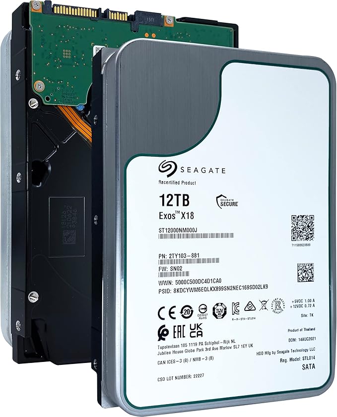 Seagate Exos X18 12TB Enterprise Hard Drive – 3.5" SATA 6Gb/s, 7200 RPM, 256MB Cache, 512e/4Kn (ST12000NM000J) – Renewed
